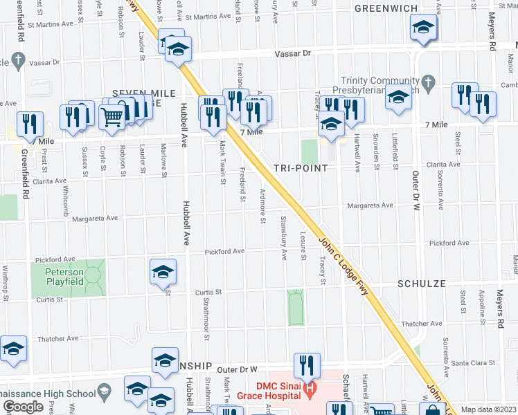 map of restaurants, bars, coffee shops, grocery stores, and more near 18601 Ardmore Street in Detroit