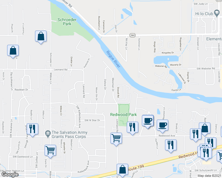 map of restaurants, bars, coffee shops, grocery stores, and more near 840 Mesman Drive in Grants Pass