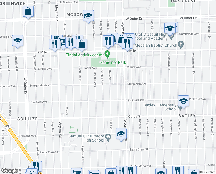 map of restaurants, bars, coffee shops, grocery stores, and more near 18501 Ilene Street in Detroit