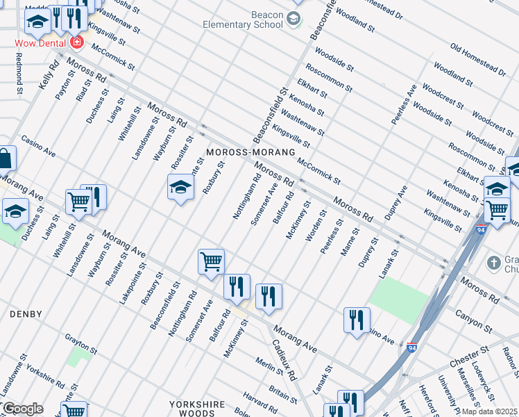 map of restaurants, bars, coffee shops, grocery stores, and more near 11569 Somerset Avenue in Detroit