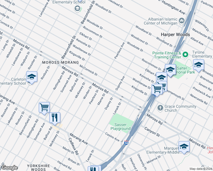 map of restaurants, bars, coffee shops, grocery stores, and more near 20233 Moross Road in Detroit