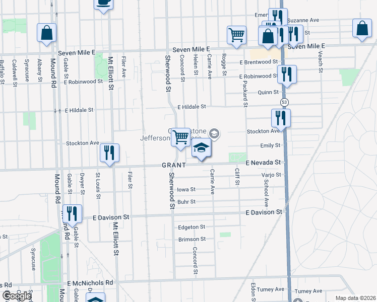 map of restaurants, bars, coffee shops, grocery stores, and more near 18056 Concord Street in Detroit
