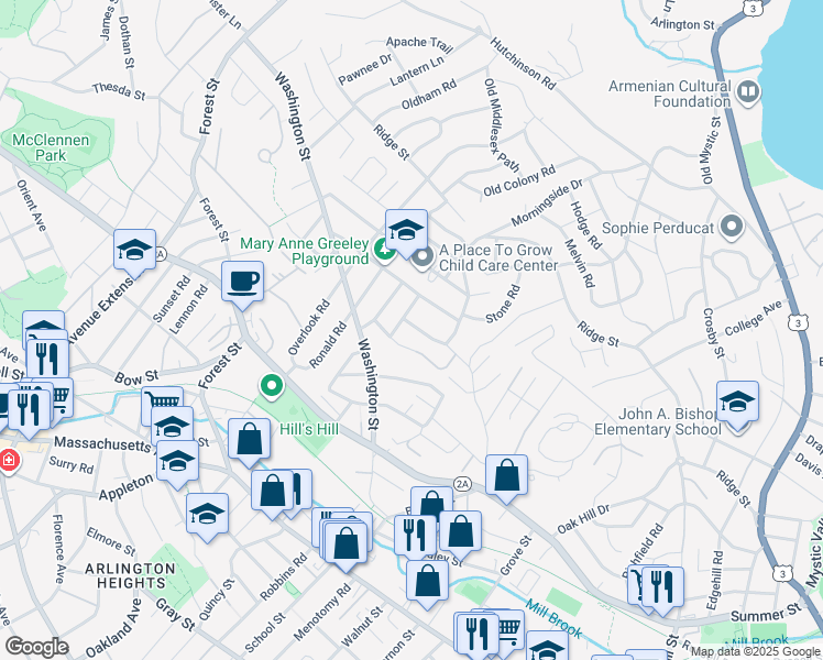map of restaurants, bars, coffee shops, grocery stores, and more near 122 Hemlock Street in Arlington