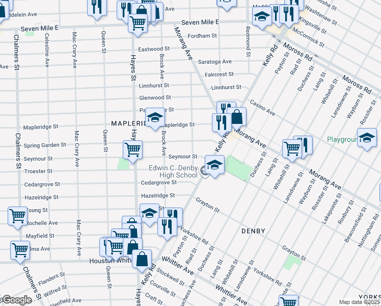 map of restaurants, bars, coffee shops, grocery stores, and more near 15515 Seymour Street in Detroit