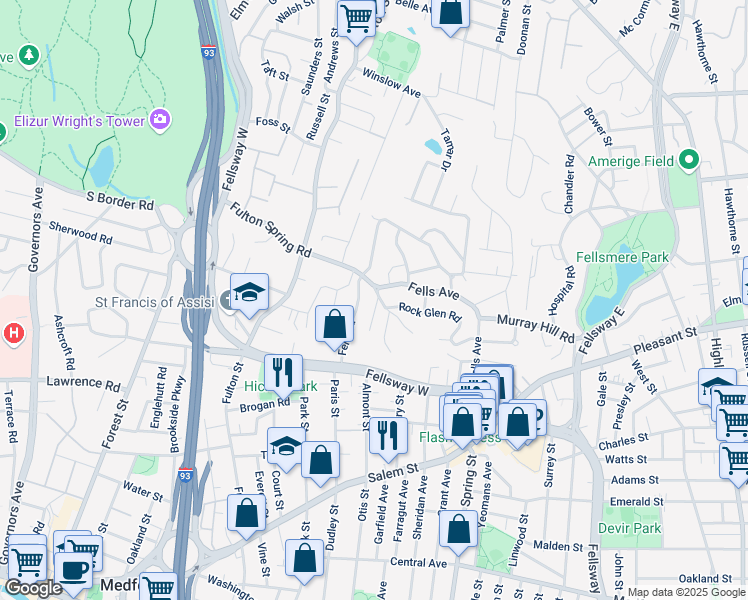 map of restaurants, bars, coffee shops, grocery stores, and more near 5 Lookout Road in Medford