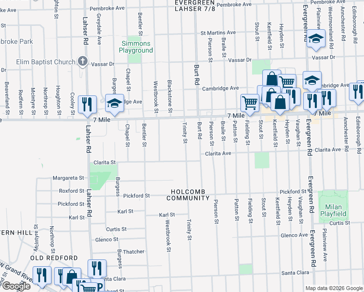 map of restaurants, bars, coffee shops, grocery stores, and more near 18967 Trinity Street in Detroit