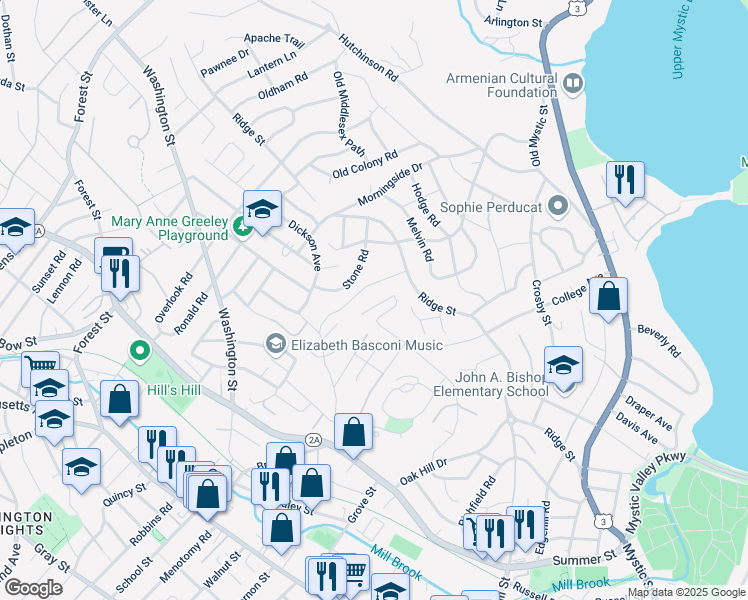 map of restaurants, bars, coffee shops, grocery stores, and more near 15 Jeffrey Road in Arlington