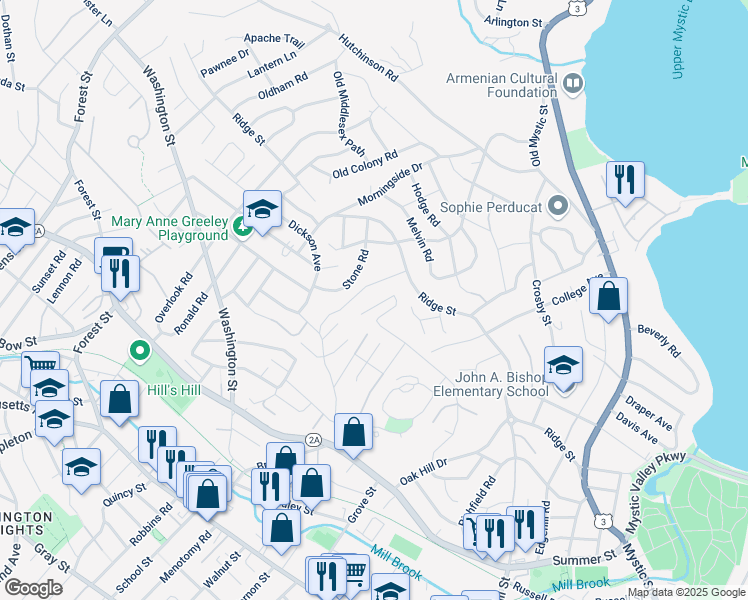 map of restaurants, bars, coffee shops, grocery stores, and more near 15 Jeffrey Road in Arlington