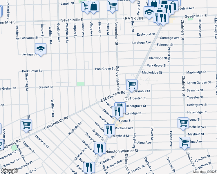 map of restaurants, bars, coffee shops, grocery stores, and more near 13440 Greiner Street in Detroit