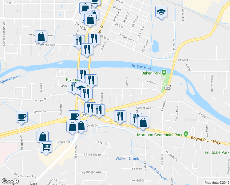 map of restaurants, bars, coffee shops, grocery stores, and more near 405 East Park Street in Grants Pass