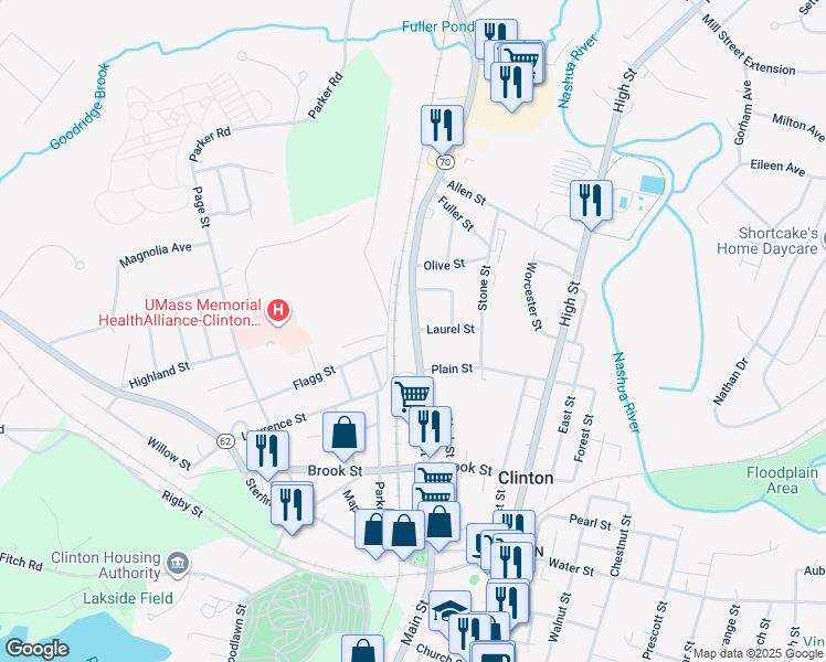 map of restaurants, bars, coffee shops, grocery stores, and more near 4 Main Street in Clinton
