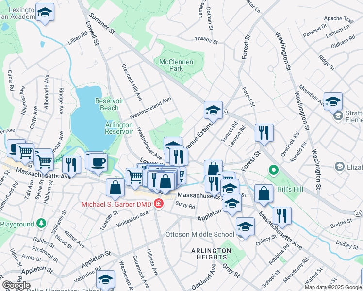 map of restaurants, bars, coffee shops, grocery stores, and more near 21 Alpine Street in Arlington