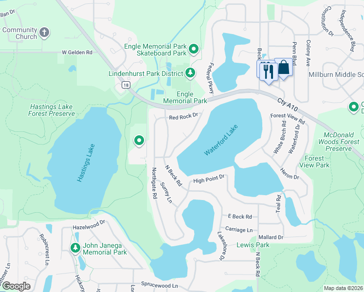 map of restaurants, bars, coffee shops, grocery stores, and more near 413 Red Rock Drive in Lindenhurst