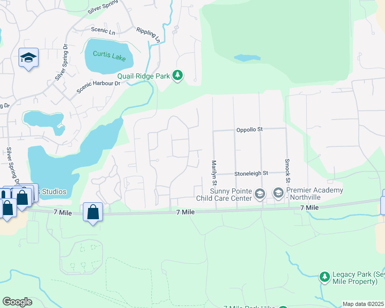 map of restaurants, bars, coffee shops, grocery stores, and more near 19523 Northridge Drive in Northville