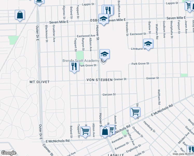 map of restaurants, bars, coffee shops, grocery stores, and more near 18011 Hoover Street in Detroit