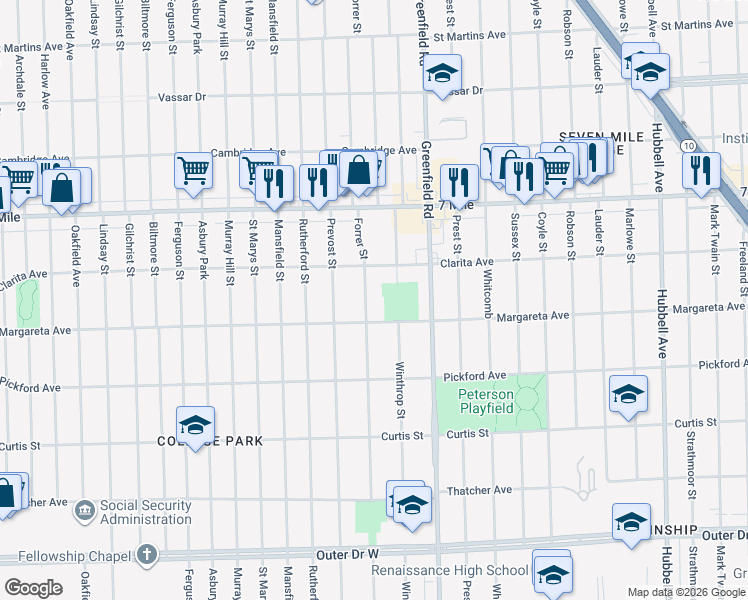 map of restaurants, bars, coffee shops, grocery stores, and more near 18644 Forrer Street in Detroit
