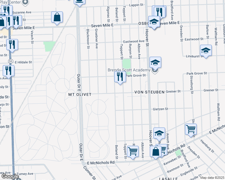 map of restaurants, bars, coffee shops, grocery stores, and more near 18015 Beland Street in Detroit