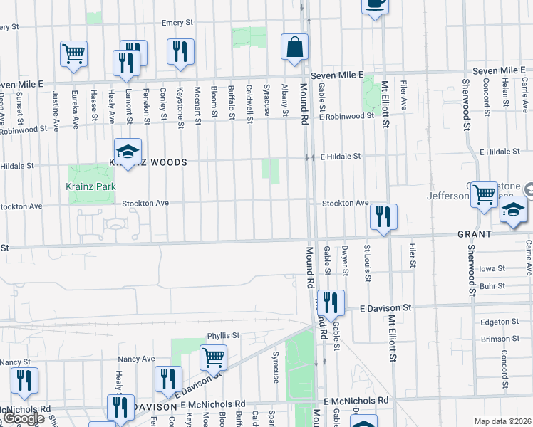 map of restaurants, bars, coffee shops, grocery stores, and more near 18085 Syracuse in Detroit