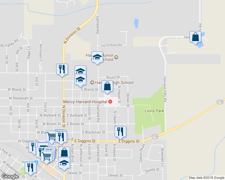 map of restaurants, bars, coffee shops, grocery stores, and more near 605 East Blaine Street in Harvard