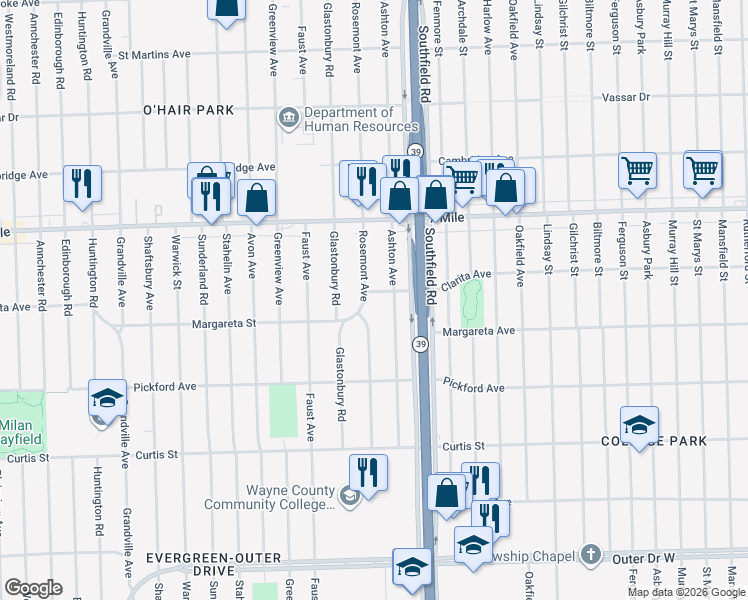 map of restaurants, bars, coffee shops, grocery stores, and more near 18640 Rosemont Avenue in Detroit