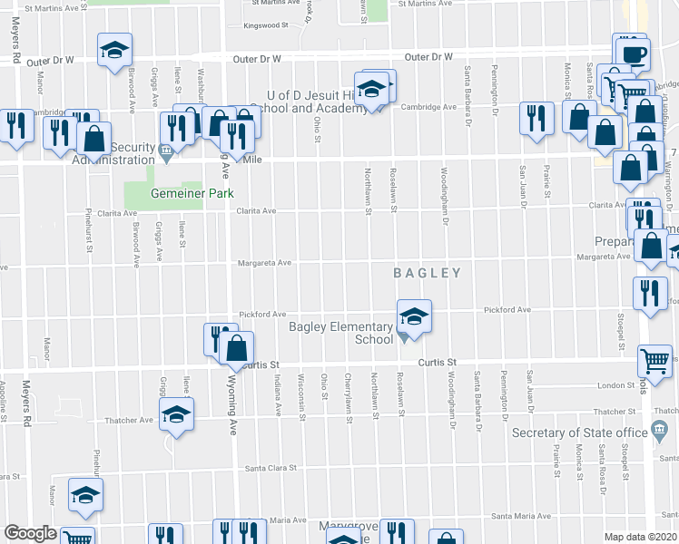 map of restaurants, bars, coffee shops, grocery stores, and more near 18501 Cherrylawn Street in Detroit