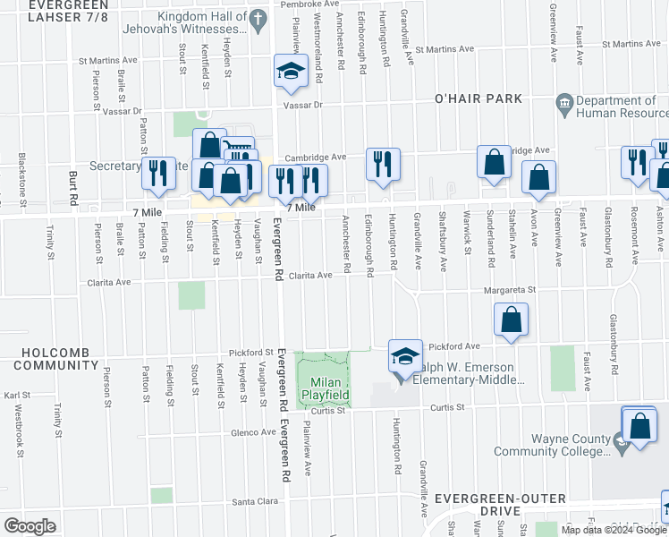 map of restaurants, bars, coffee shops, grocery stores, and more near 18910 Westmoreland Road in Detroit