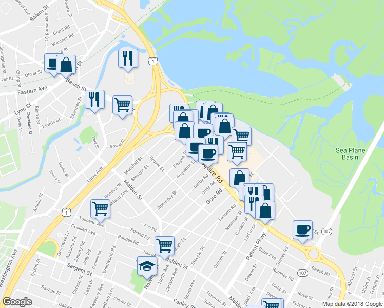 map of restaurants, bars, coffee shops, grocery stores, and more near 350 Squire Road in Revere