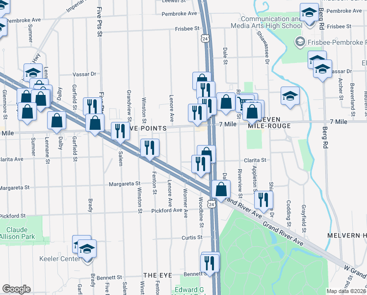 map of restaurants, bars, coffee shops, grocery stores, and more near 18960 Wormer Street in Detroit