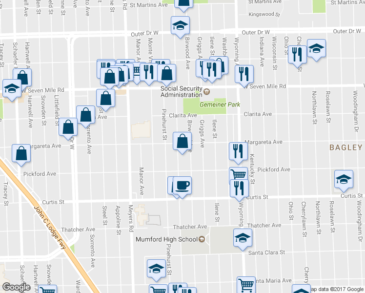map of restaurants, bars, coffee shops, grocery stores, and more near 18508 Mendota St in Detroit