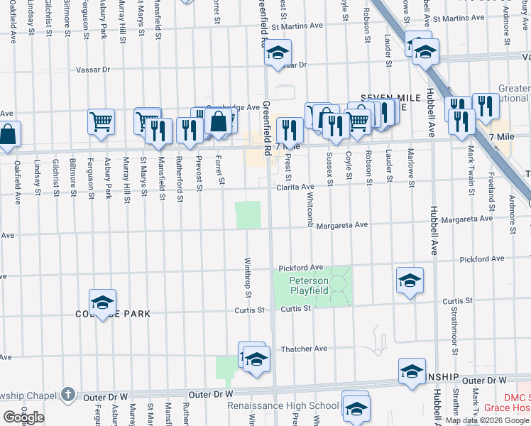 map of restaurants, bars, coffee shops, grocery stores, and more near 18641 Greenfield Road in Detroit
