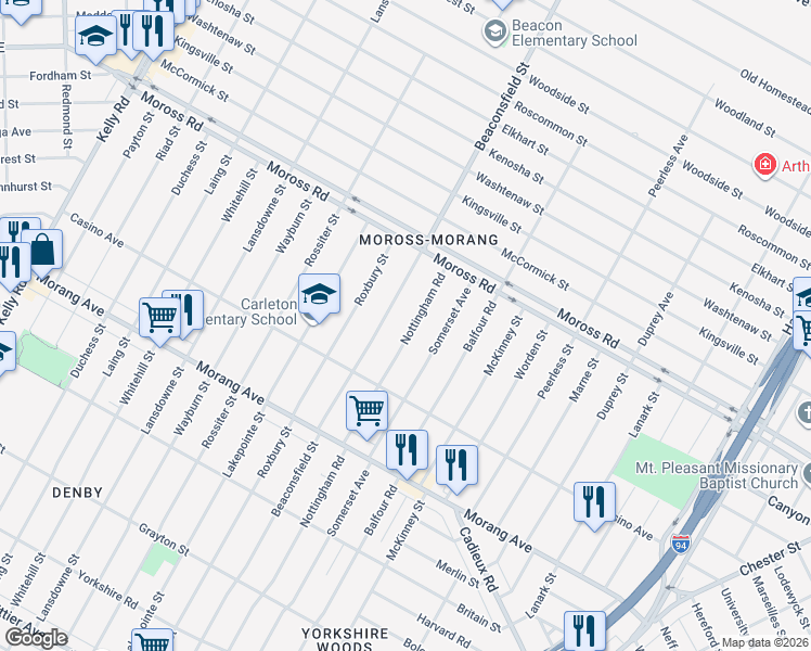 map of restaurants, bars, coffee shops, grocery stores, and more near 11635 Nottingham Road in Detroit