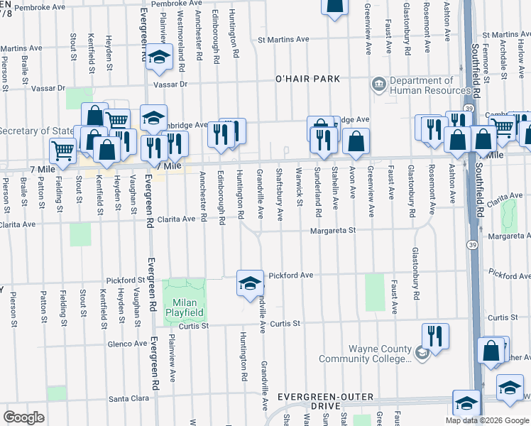 map of restaurants, bars, coffee shops, grocery stores, and more near 18650 Grandville Avenue in Detroit