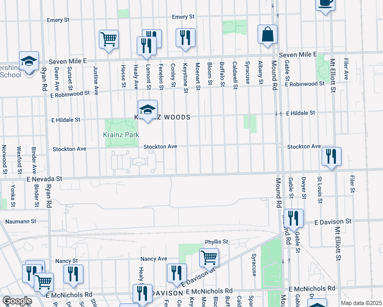 map of restaurants, bars, coffee shops, grocery stores, and more near 18090 Keystone Street in Detroit