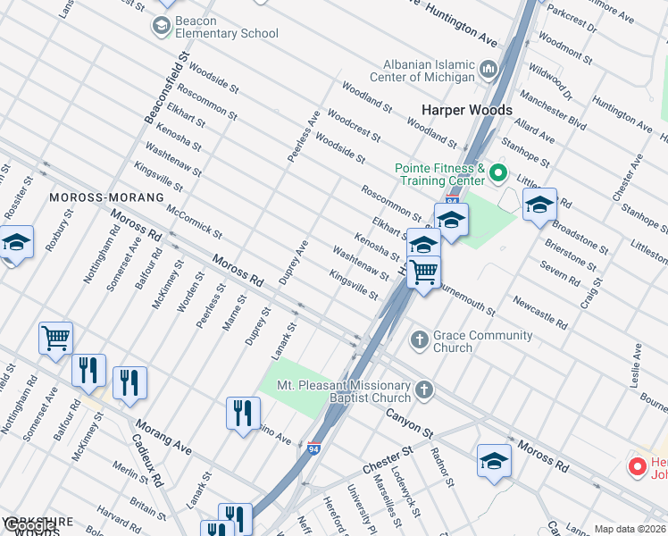 map of restaurants, bars, coffee shops, grocery stores, and more near 20493 Kingsville Street in Harper Woods