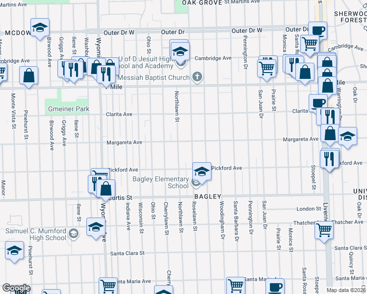 map of restaurants, bars, coffee shops, grocery stores, and more near 18500 Northlawn Street in Detroit