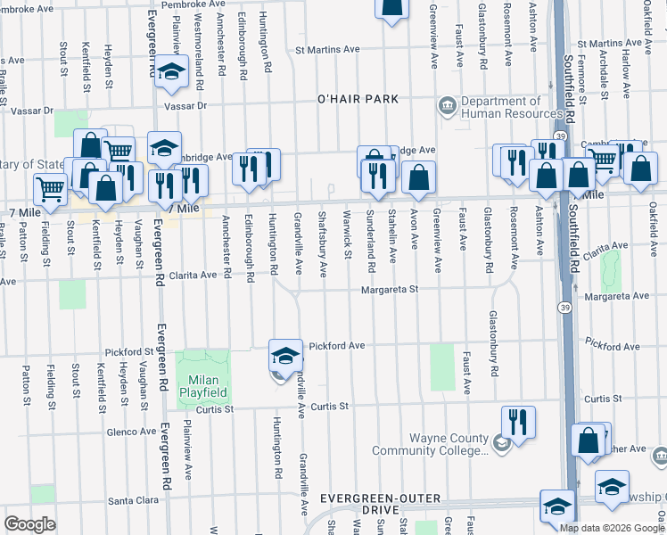 map of restaurants, bars, coffee shops, grocery stores, and more near 18650 Shaftsbury Avenue in Detroit