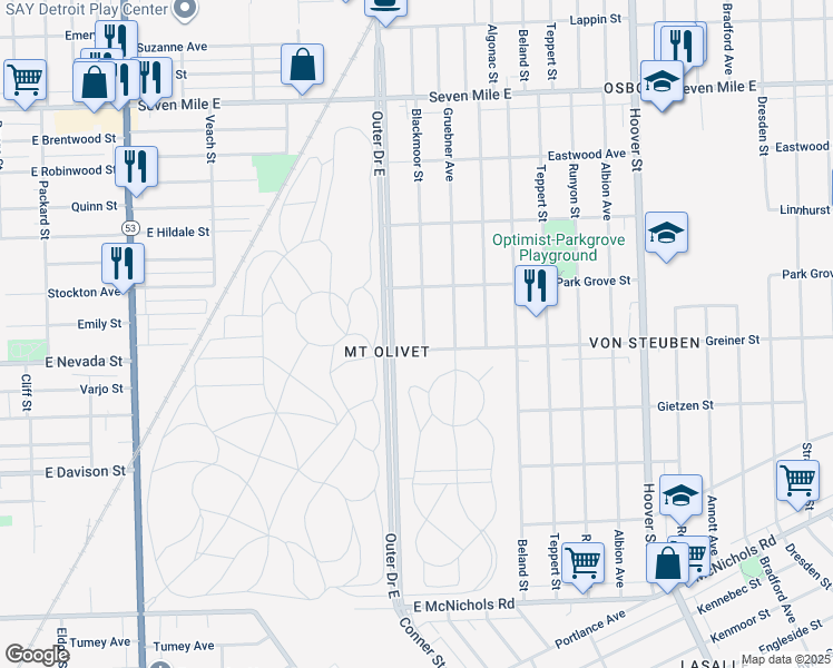 map of restaurants, bars, coffee shops, grocery stores, and more near 18025 Blackmoor Street in Detroit