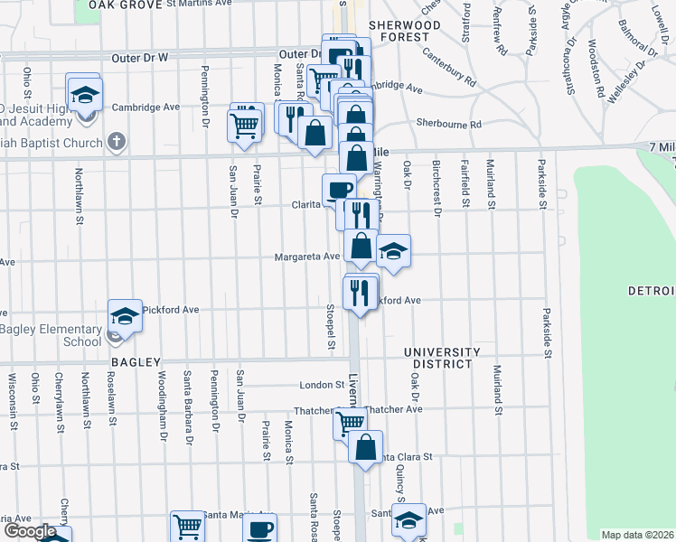 map of restaurants, bars, coffee shops, grocery stores, and more near 18488 Stoepel Street in Detroit