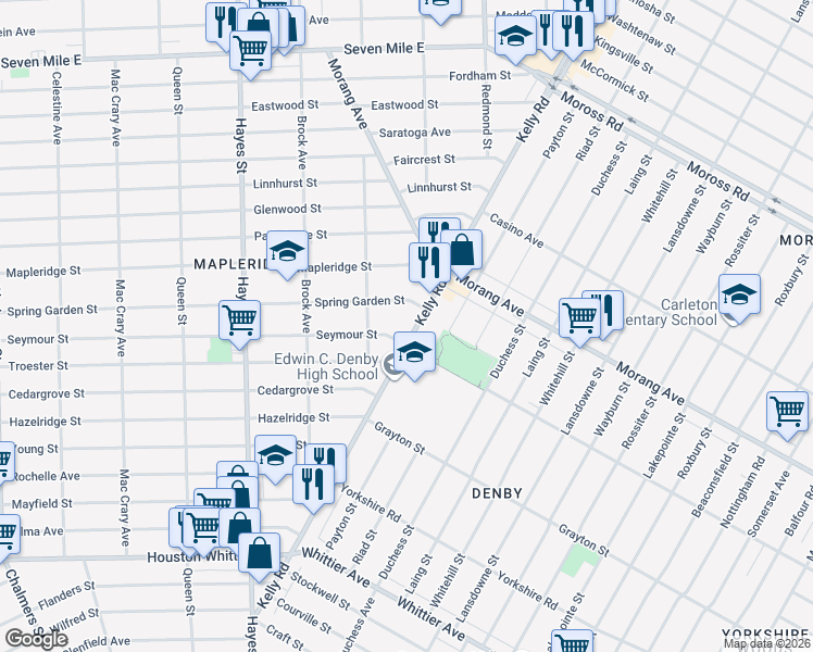 map of restaurants, bars, coffee shops, grocery stores, and more near 17127 Kelly Road in Detroit