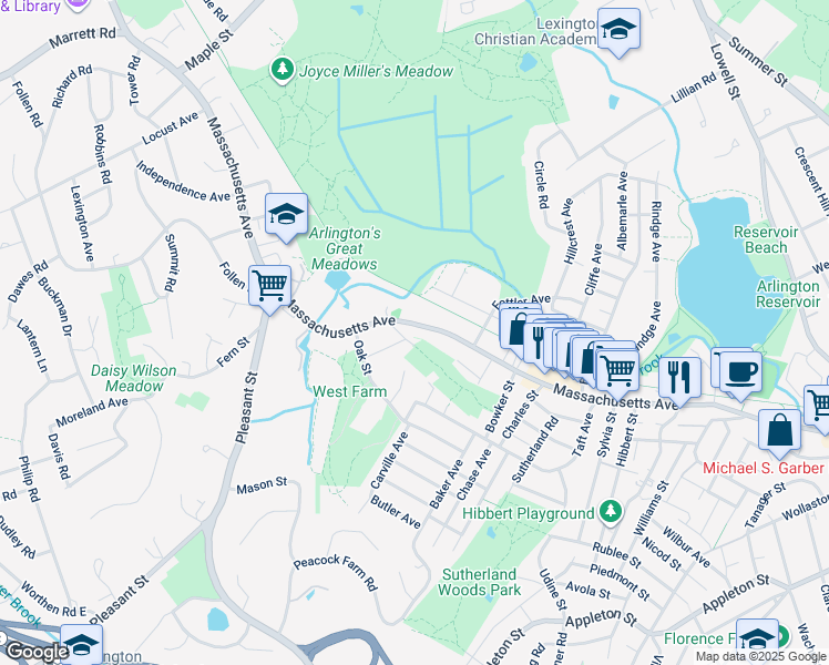 map of restaurants, bars, coffee shops, grocery stores, and more near 420 Massachusetts Avenue in Lexington