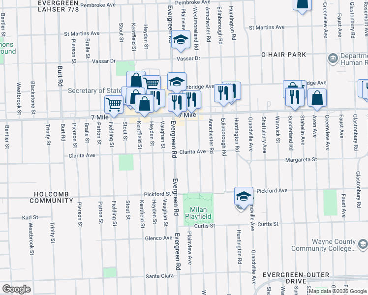 map of restaurants, bars, coffee shops, grocery stores, and more near 18917 Plainview Avenue in Detroit