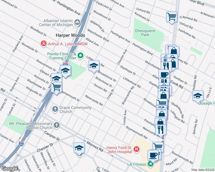 map of restaurants, bars, coffee shops, grocery stores, and more near 21420 Brierstone Street in Harper Woods