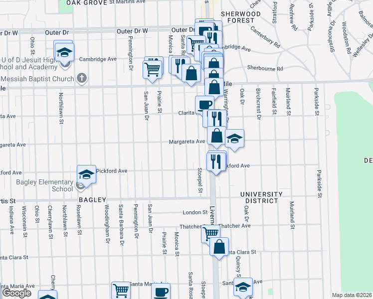 map of restaurants, bars, coffee shops, grocery stores, and more near 18491 Santa Rosa Dr in Detroit