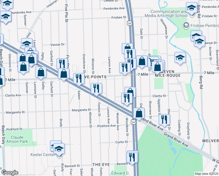 map of restaurants, bars, coffee shops, grocery stores, and more near 18968 Lenore Avenue in Detroit