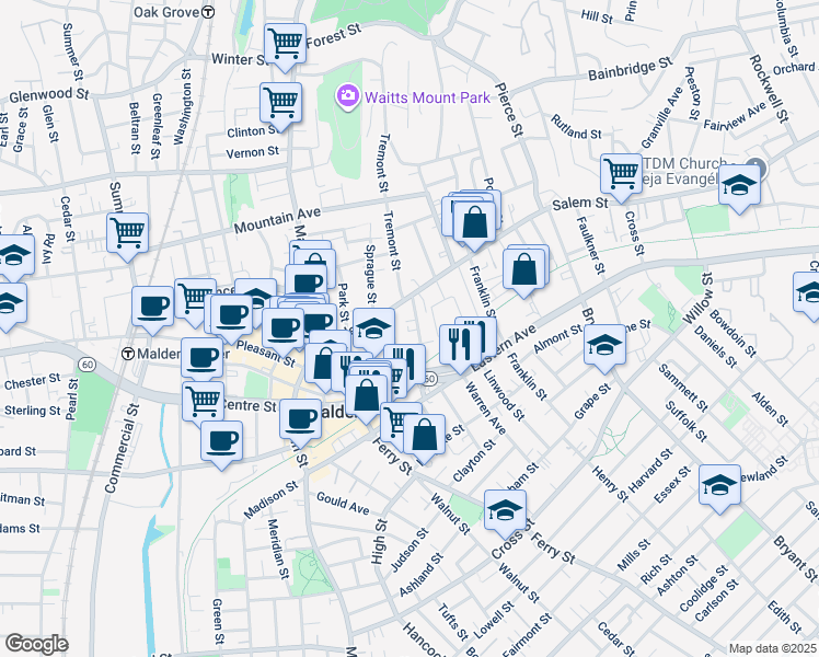 map of restaurants, bars, coffee shops, grocery stores, and more near 30 Albion Street in Malden