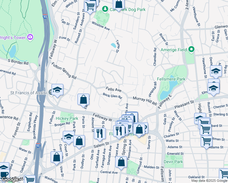 map of restaurants, bars, coffee shops, grocery stores, and more near 120 Fells Avenue in Medford