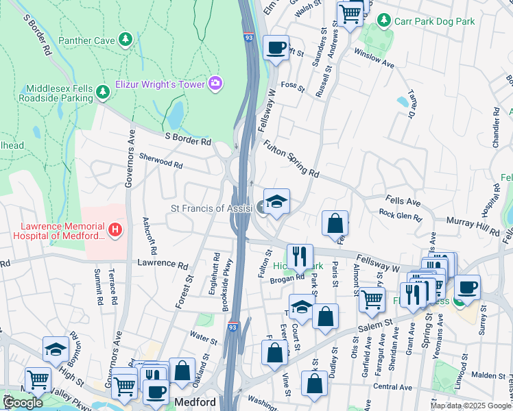 map of restaurants, bars, coffee shops, grocery stores, and more near 463 Fellsway West in Medford