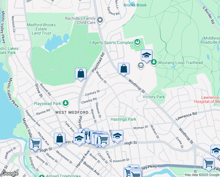 map of restaurants, bars, coffee shops, grocery stores, and more near 191 Woburn Street in Medford