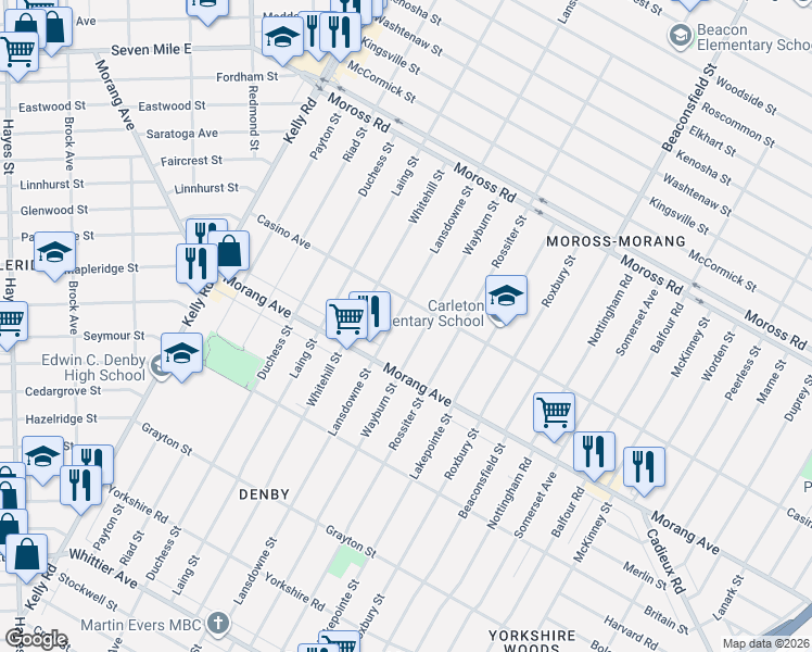 map of restaurants, bars, coffee shops, grocery stores, and more near 12076 Lansdowne Street in Detroit