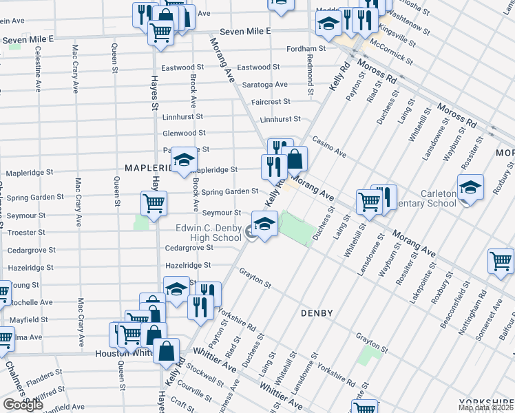 map of restaurants, bars, coffee shops, grocery stores, and more near 17127 Kelly Road in Detroit